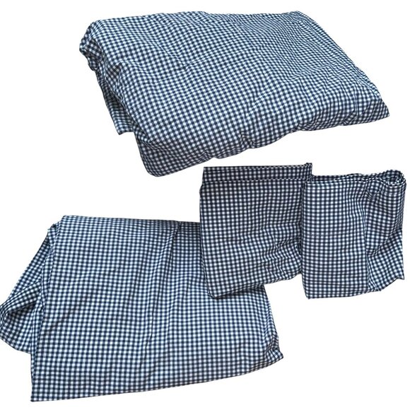 pottery barn navy blue gingham check plaid twin flat fitted sheet 4 pieces - Picture 1 of 2